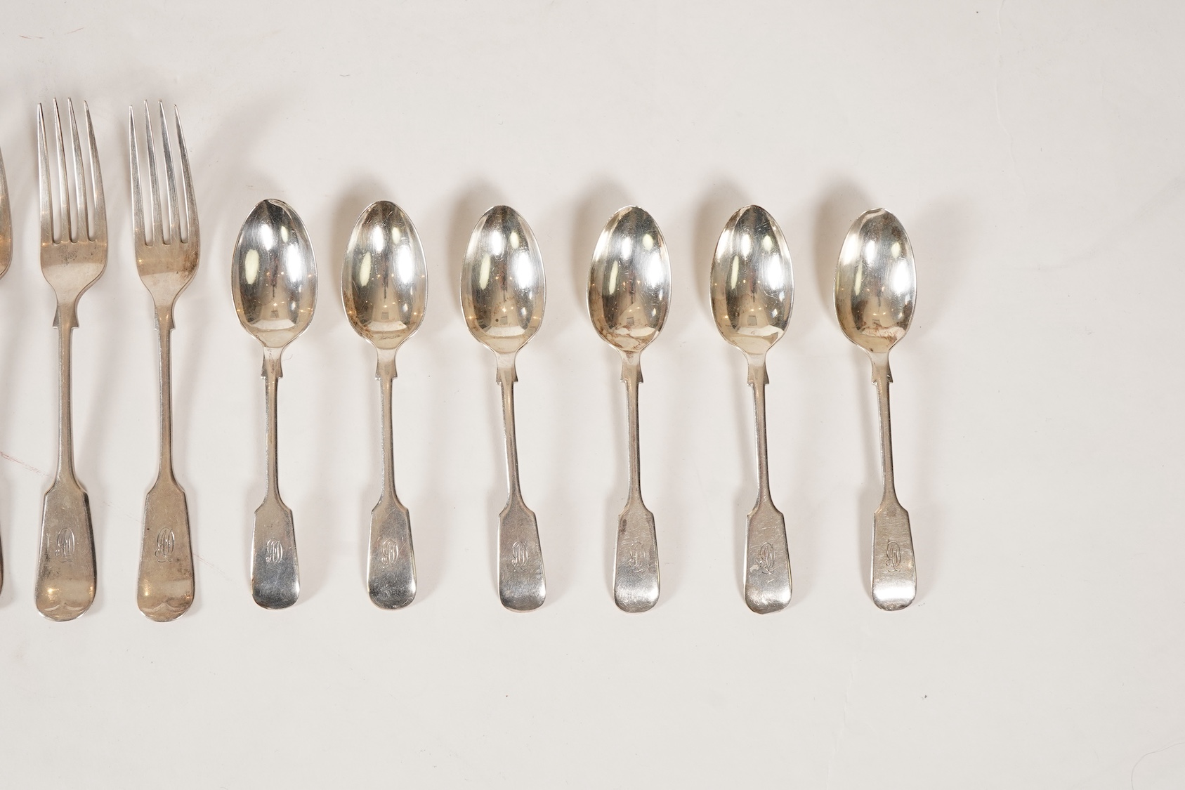 A George V silver part canteen of fiddle pattern flatware by John Round